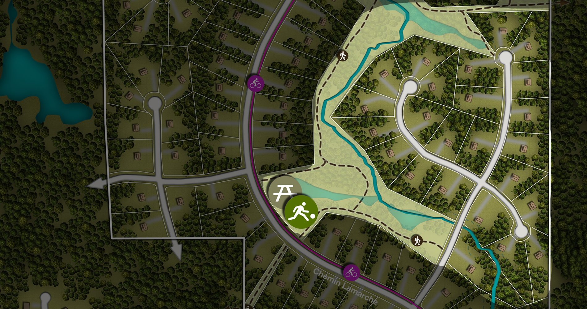 Plan illustré du Faubourg Angelois : lots boisés, rues en boucle, sentiers pédestres, ruisseau et parc le long du chemin Lamarche