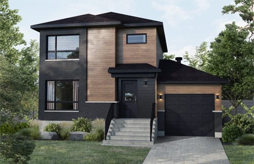 Rendu du modèle Andromède avec garage : maison à étages en brique noire et bois, garage attenant