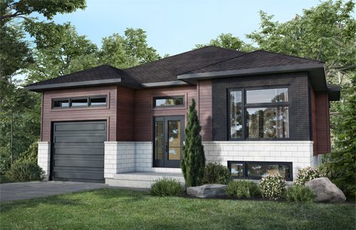 Rendu du modèle Romarin avec garage : plain-pied en bois brun et brique blanche, garage attenant