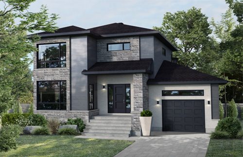 Rendu du modèle Zénith avec garage : maison à étages en pierre grise et déclin, toit à quatre versants