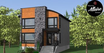 Semi-détaché neuf signé Maisons Allaire : façade grise, pierre et panneaux de bois orangé